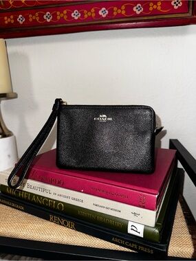 Coach Black Saffiano Leather Wristlet with Gold Logo